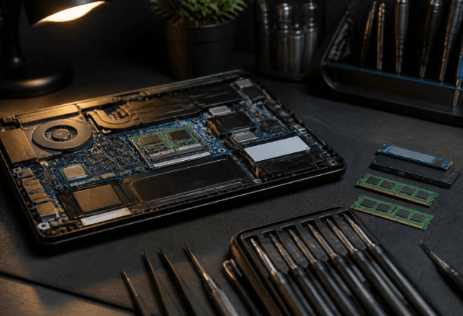 Laptop being repaired on a professional repair bench